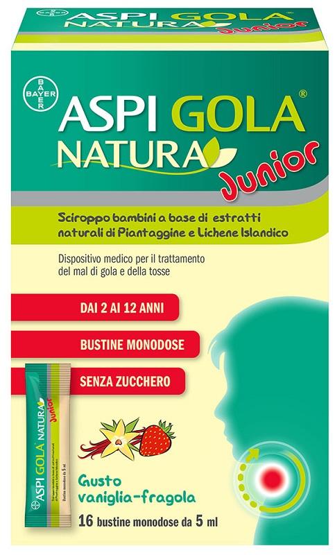 Aspi Gola Natura Junior Sciroppo Bambini per Mal di Gola e Tosse Vaniglia e Fragola 16 Bustine 5ml