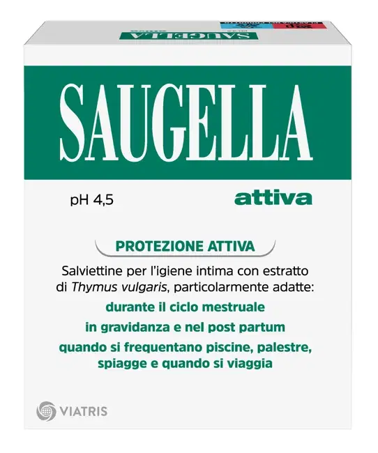 Saugella Attiva Salviettine Con Detergente Intimo Ph Acido 4.5 Con Timo 10 Pezzi