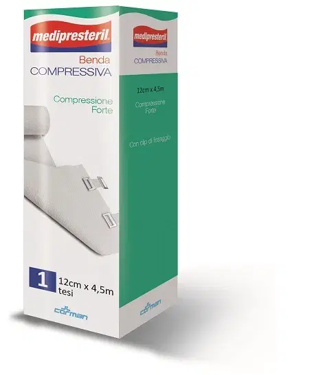 Medipresteril Benda Compressione Forte 4,5mx12cm Tesi Con Clip Di Fissaggio