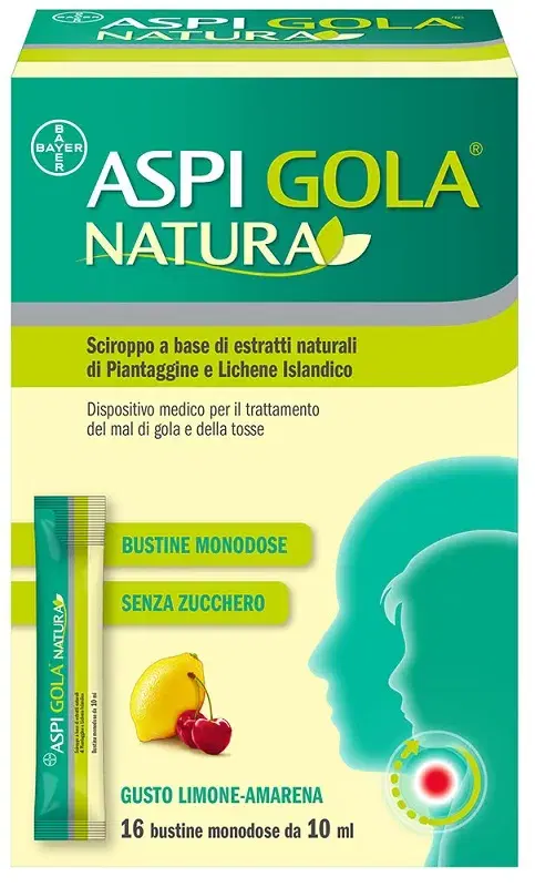 Aspi Gola Natura Sciroppo a Estratti Naturali per Mal di Gola e Tosse Limone Amarena 16 Bustine 10ml