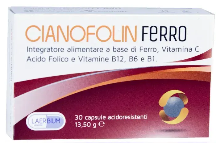 Cianofolin Ferro Integratore Con Ferro, Vitamine C,B12,B6 e Acido Folico 30cps.
