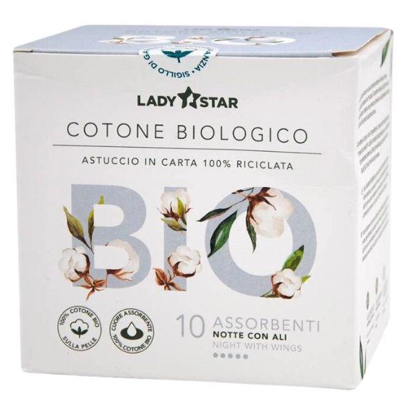 Ladystar Assorbenti Bio 100% In Cotone Per La Notte Con Ali 10 Pezzi