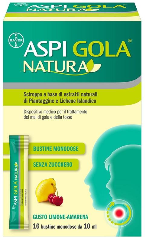 Aspi Gola Natura Sciroppo a Estratti Naturali per Mal di Gola e Tosse Limone Amarena 16 Bustine 10ml