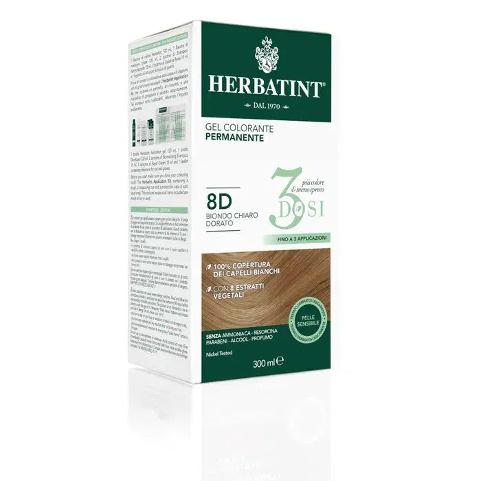 Herbatint Tintura Capelli Gel Permanente 3Dosi 8D Biondo Chiaro Dorato 300 ml