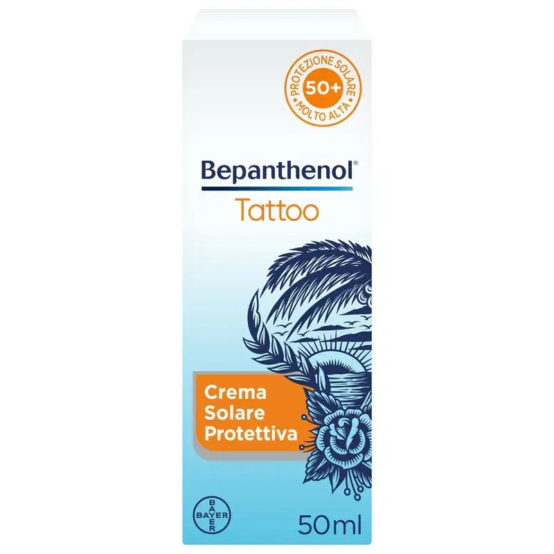 Bepanthenol Tattoo Crema post Tatuaggio con Protezione Solare Molto Alta SPF50+ con Pantenolo 50ml