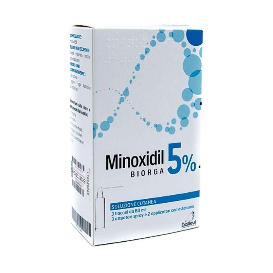 Minoxidil Biorga 5% Soluzione Cutanea, 3 Flaconi Hdpe 60Ml Con Pompa Spray E  Applicatore