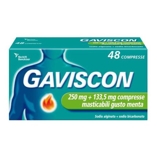 Reckitt Benckiser H.(it.) Gaviscon 48 Compresse Masticabili Gusto Menta 250 mg + 133,5 mg contro sintomi del reflusso gastroesofageo,  bruciore e acidit di stomaco