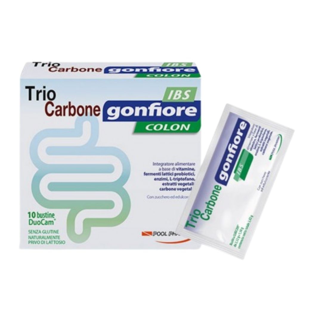 Triocarbone IBS Gonfiore Colon Integratore 10 Bustine Duocam da 2 g + 1,5 g