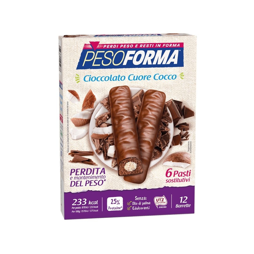 Pesoforma Barrette al Cioccolato Cuore Cocco 12 Pezzi 372 g