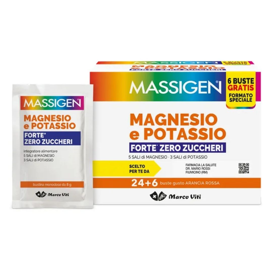 Massigen Magnesio e Potassio Forte Integratore Zero Zuccheri 24+6Bustine Arancia