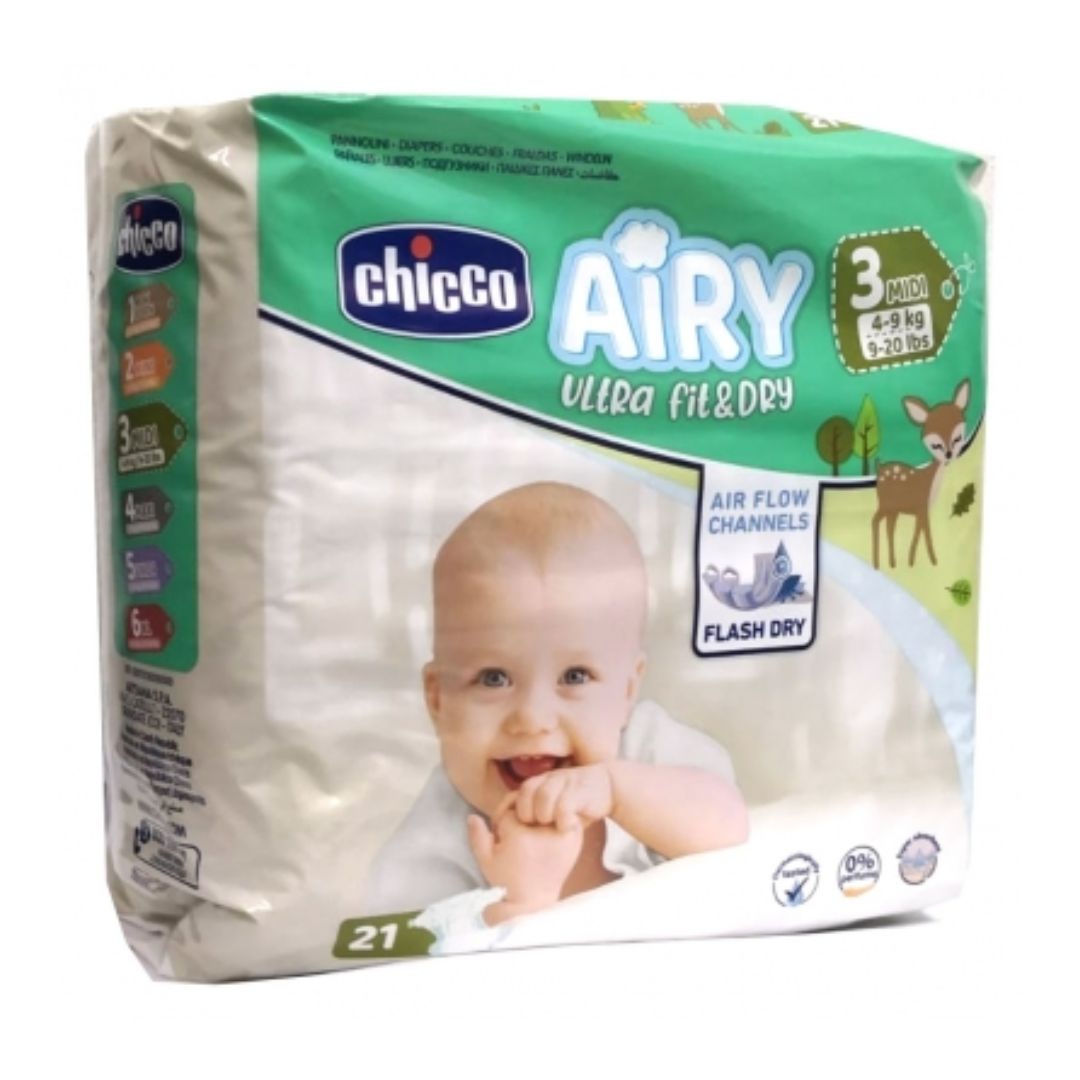 Chicco Airy Ultra Fit & Dry Midi Taglia 3 per Bimbi di 4-9 Kg 21 Pannolini