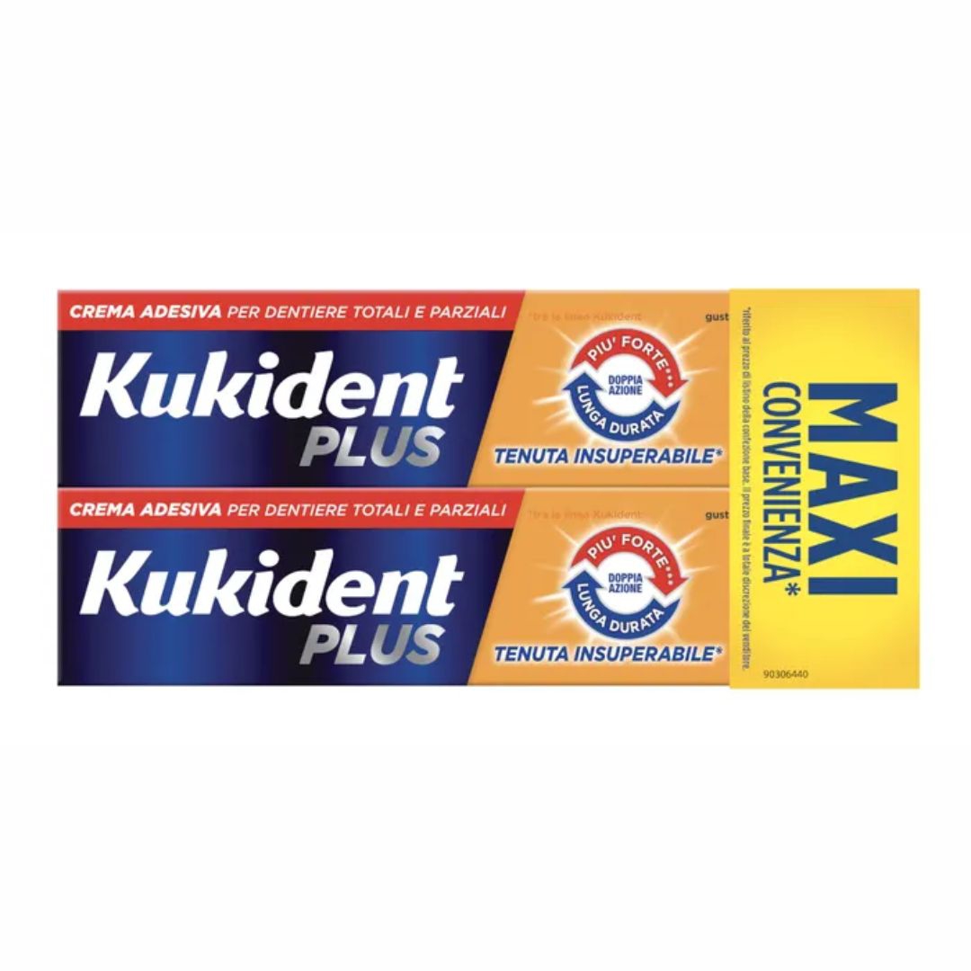 Kukident Plus Doppia Azione Crema Adesiva per Dentiere 2x65g