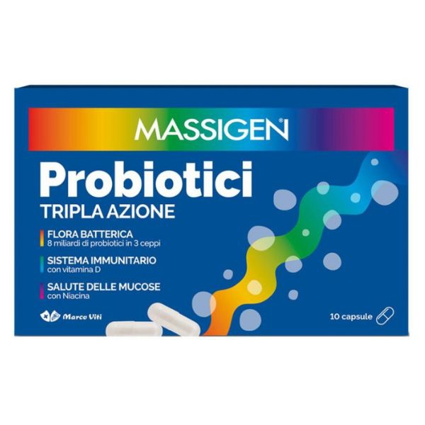 Massigen Probiotici Tripla Azione Integratore di Fermenti Lattici 10 Capsule