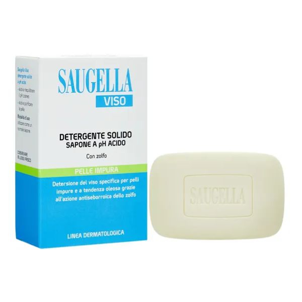 Saugella Viso Detergente Solido pH Acido Sapone allo Zolfo Pelle Impura 100 g