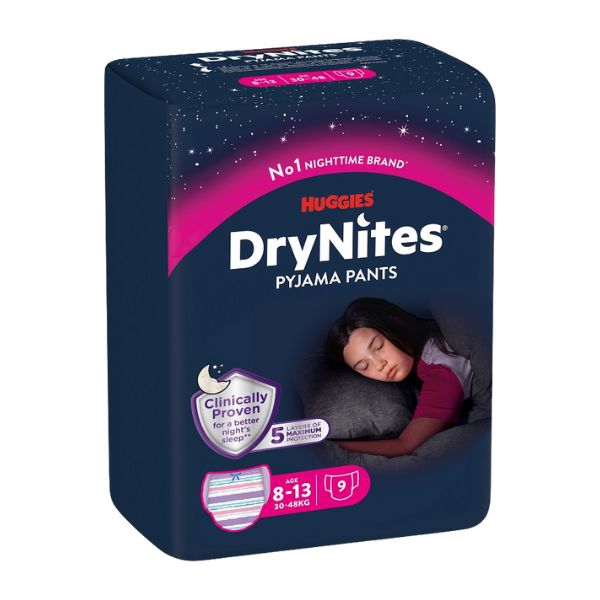Huggies Drynites Mutandine Assorbenti Ragazze 8-13 Anni 9 Pezzi