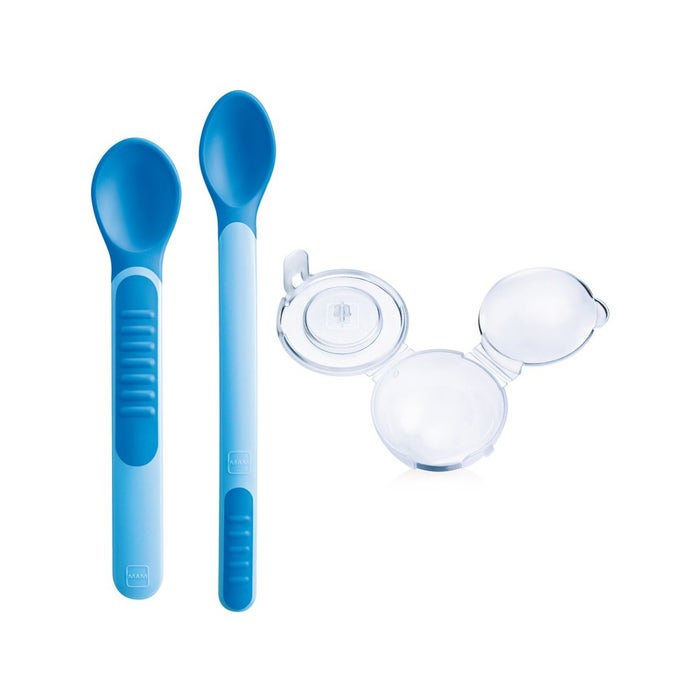 Mam Heat Sensitive Spoons & Cover Set Cucchiai Azzurri Per Bambini 6 Mesi+
