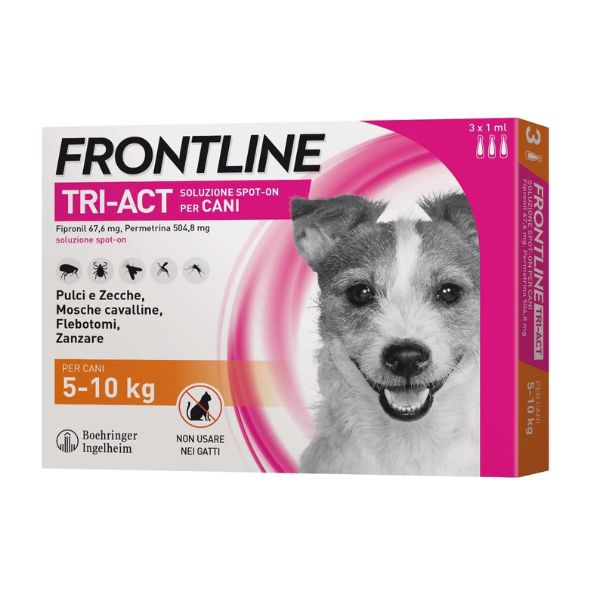  Frontline Tri-Act, pipette antiparassitarie per cani di peso compreso tra 5 e 10 kg, confezione da 3 pipette