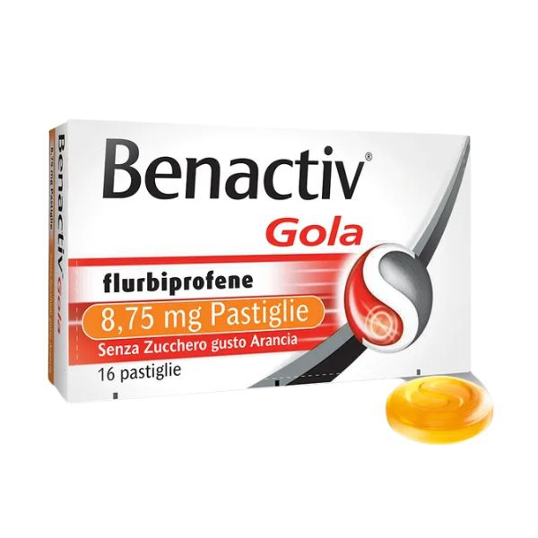 Benactiv Gola Gusto Arancia Senza Zucchero 16 Pastiglie per il Mal di Gola