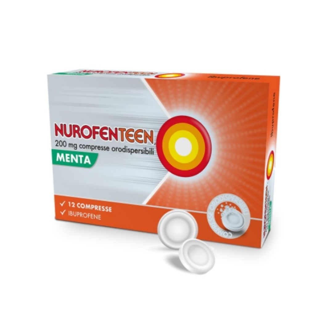 Nurofenteen 200 mg 12 compresse orodispersibili Gusto Menta Ibuprofene funzione Antinfiammatoria e Antidolorifica contro febbre, mal di testa, dolore ai denti e mestruali
