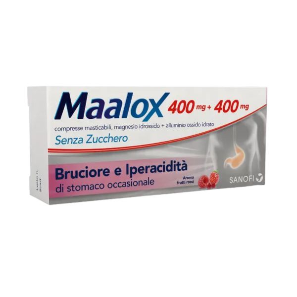 Maalox 400 Mg + 400 Mg Compresse Masticabili Senza Zucchero Aroma Frutti Rossi 30 Compresse