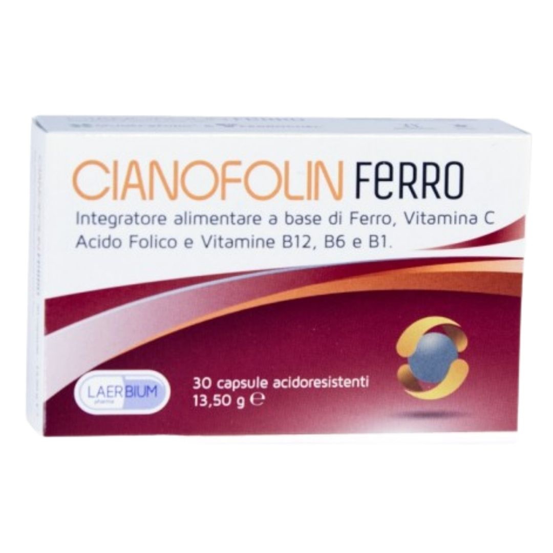 Cianofolin Ferro Integratore Con Ferro, Vitamine C,B12,B6 e Acido Folico 30cps.