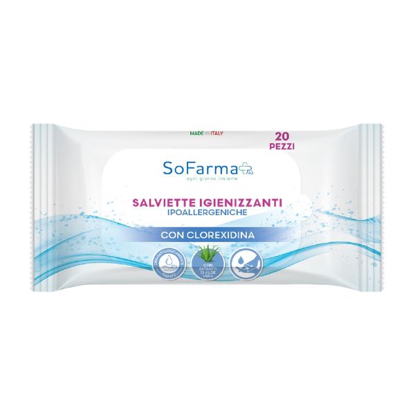 Sofarmapiu  Salviette Igienizzanti Ipoallergeniche con Clorexidina 20 Pezzi
