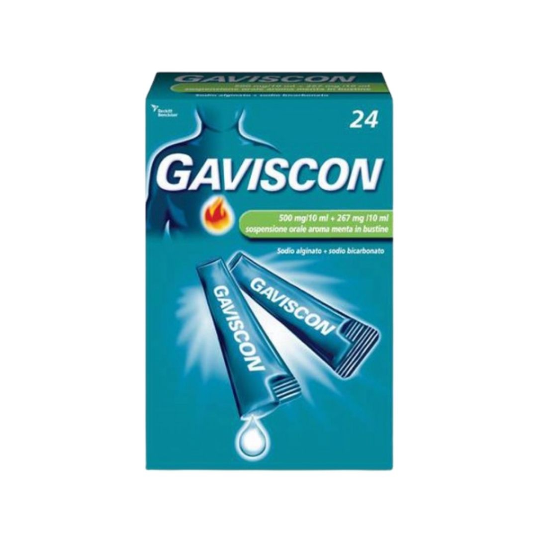 Gaviscon 500 Mg/10 Ml + 267 Mg/10 Ml Sospensione Orale Aroma Menta 24 Bustine Monodose Da 10 Ml